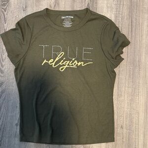 True Religion Women's Dark Green Tee with Gold Accents